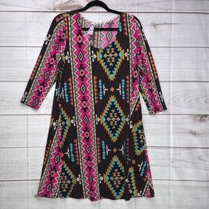 Honeyme Womens Southwestern Print 3/4 Sleeve Mini Swing Dress Small Pockets